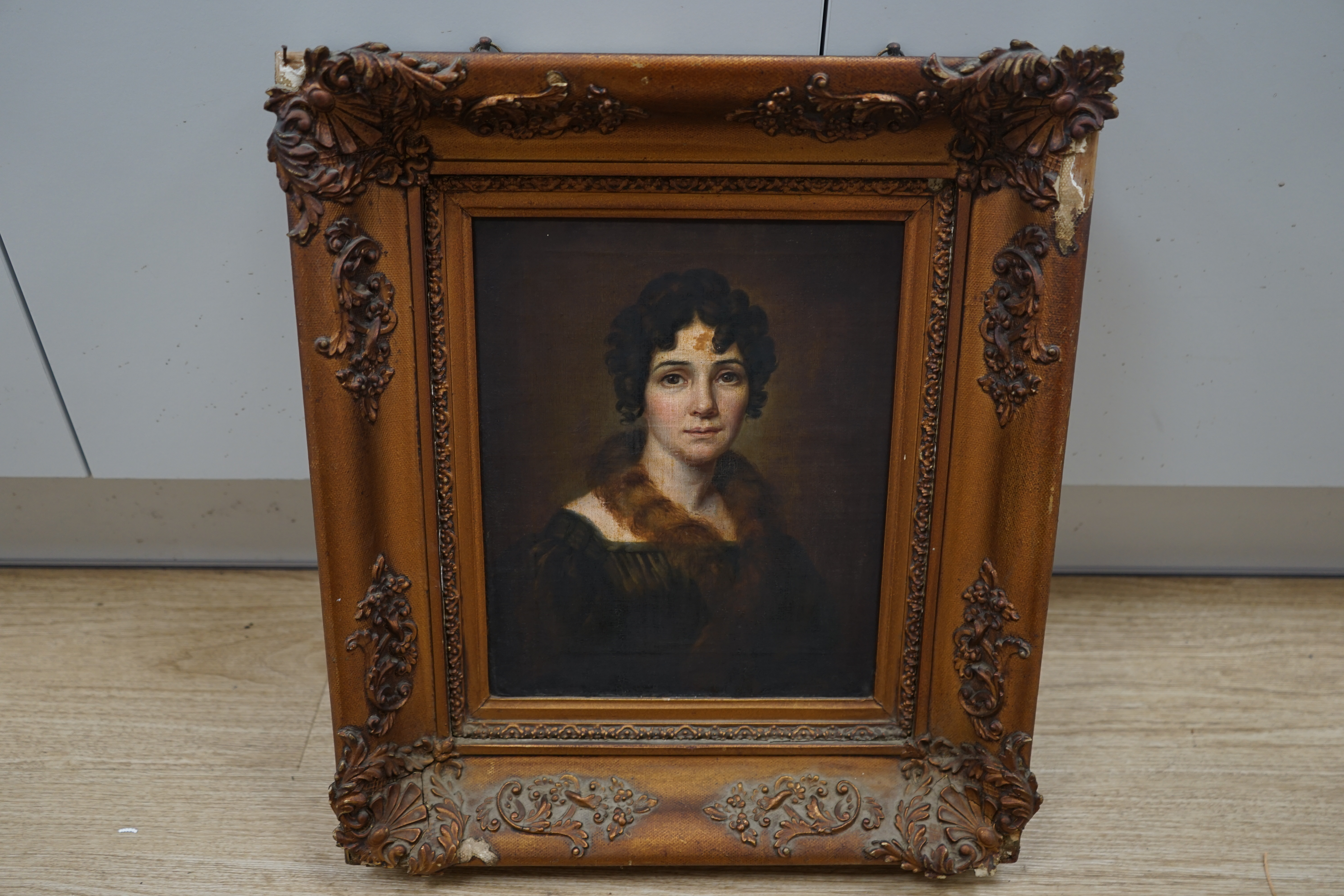 Oil on board, Portrait of a Regency lady, unsigned, 30 x 25cm, gilt framed. Condition - fair, some losses to the frame